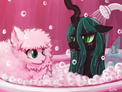 Size: 1920x1440 | Tagged: safe, artist:lumineko, queen chrysalis, oc, oc:fluffle puff, changeling, changeling queen, pony, bath, bubble, bubble bath, canon x oc, chrysipuff, female, lesbian, mare, shipping, tongue out, wet mane