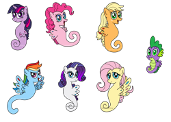 Size: 1280x911 | Tagged: safe, artist:aleximusprime, derpibooru import, applejack, fluttershy, pinkie pie, rainbow dash, rarity, spike, twilight sparkle, sea dragon, sea pony, seahorse, hilarious in hindsight, mane seven, mane six, my little x, sea dragon spike, seaponified, seapony applejack, seapony fluttershy, seapony pinkie pie, seapony rainbow dash, seapony rarity, seapony twilight, simple background, species swap, transparent background