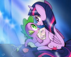 Size: 1302x1042 | Tagged: safe, artist:dsana, spike, twilight sparkle, twilight sparkle (alicorn), alicorn, dragon, pony, cute, female, flower, male, mama twilight, mare, mother's day, rose