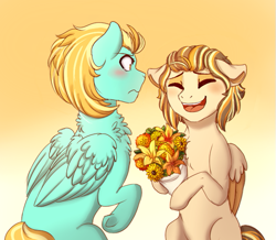 Size: 609x530 | Tagged: safe, artist:miamaha, lightning dust, oc, oc:summer rush, pegasus, pony, blushing, cute, daughter, eyes closed, female, flower, happy, lightning, mare, mother and child, mother and daughter, mother's day, next generation, offspring, parent and child, parent:dumbbell, parent:lightning dust, parents:lightningbell, smiling