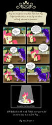 Size: 2052x4890 | Tagged: safe, artist:perfectblue97, derpibooru import, apple bloom, twilight sparkle, earth pony, pony, comic:without magic, apple, apple tree, blank flank, cloak, clothes, comic, earth pony twilight, food, forever alone, hilarious in hindsight, sweet apple acres, tree