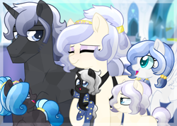 Size: 1024x729 | Tagged: safe, artist:tambelon, oc, oc only, oc:ebony glaze, oc:ivory sheen, oc:lapis lazuli, oc:obsidian, oc:opalescent pearl, oc:somber night, crystal pony, hybrid, unicorn, brother and sister, colt, daughter, female, filly, male, mare, mother, mother and child, mother and daughter, mother and son, mother's day, next generation, offspring, onesie, papoose, parent and child, parent:king sombra, parent:oc:opalescent pearl, parent:oc:prince topaz, parents:canon x oc, parents:oc x oc, parents:topalescent, siblings, son, stallion, topalescent