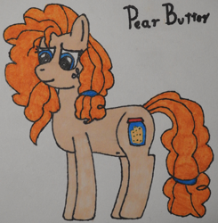 Size: 3248x3312 | Tagged: safe, artist:awgear, derpibooru exclusive, pear butter, earth pony, pony, belly button, freckles, mother's day, orange mane, orange tail, solo, traditional art