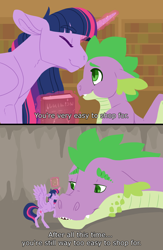 Size: 2480x3800 | Tagged: safe, artist:jackiebloom, spike, twilight sparkle, twilight sparkle (alicorn), alicorn, dragon, pony, adopted offspring, adult, adult spike, book, eyes closed, female, kissing, magic, magic aura, male, mama twilight, mare, mother's day, nuzzling, older, older spike, size difference, telekinesis