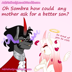 Size: 648x647 | Tagged: safe, artist:eve-of-halloween, king sombra, oc, oc:queen wysteria, oc:wysteria, angel, pony, unicorn, albino, alternate universe, ask, askmotherlyluna, colored horn, curved horn, dead, family, female, hallowverse, hallowverse:wysteria, horn, male, mare, mother and child, mother and son, mother's day, one eye closed, parent and child, red eyes, rose petals, sombra eyes, sombra horn, squee, stallion, tumblr, tumblr:askmotherlyluna, wink