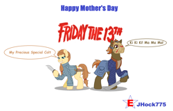 Size: 2376x1520 | Tagged: safe, artist:jhock775, button mash, oc, oc:cream heart, balding, clothes, friday the 13th, hockey mask, jacket, jason voorhees, knife, machete, mask, mother's day, older, older button mash, pamela voorhees, simple background, sweater, text, white background, word bubble