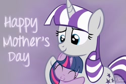 Size: 1500x1000 | Tagged: safe, artist:treez123, twilight sparkle, twilight velvet, filly, hug, mother's day