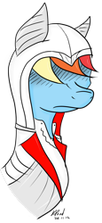 Size: 606x1319 | Tagged: safe, artist:missitofu, rainbow dash, pegasus, pony, assassin's creed, blue coat, crossover, female, mare, multicolored mane, solo