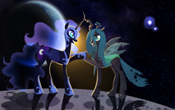 Size: 1200x760 | Tagged: safe, artist:bluefluffydinosaur, nightmare moon, queen chrysalis, alicorn, changeling, changeling queen, female, hoofbump, moon, space, stars