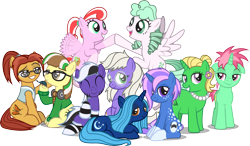 Size: 6015x3519 | Tagged: safe, artist:lightning stripe, derpibooru exclusive, oc, oc only, oc:beetle beat, oc:caramel swallowtail, oc:everstar, oc:flowerlocks, oc:forecast, oc:hercules, oc:lightning stripe, oc:misty mint, oc:moonlight dream, oc:petunia bloom, oc:sugar mint, earth pony, pegasus, pony, unicorn, blue coat, brown eyes, clothes, cutie mark, dappled, female, flower, flower in hair, flying, glasses, green coat, green eyes, group photo, group shot, hair bun, hair over one eye, headphones, horn, jewelry, magenta eyes, makeup, mare, mother's day, necklace, orange coat, orange eyes, pearl necklace, pigtails, pink coat, pink eyes, ponytail, purple eyes, scarf, shit eating grin, show accurate, simple background, smiling, smug, socks, socks (coat marking), spiky mane, straight hair, striped mane, striped socks, sweater, transparent background, twintails, vest, white coat, wings, yellow coat