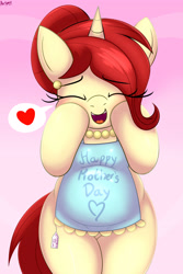 Size: 2442x3651 | Tagged: safe, artist:an-tonio, oc, oc only, oc:golden brooch, pony, unicorn, apron, bipedal, clothes, cute, female, happy, housewife, mare, mother, mother's day, ocbetes, solo, squishy cheeks