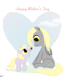 Size: 2157x2550 | Tagged: safe, artist:bunnimation, derpy hooves, dinky hooves, pegasus, pony, cute, equestria's best daughter, female, flower, flower in mouth, heart, looking up, mare, mother's day, mouth hold