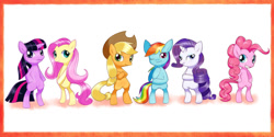 Size: 1264x632 | Tagged: safe, artist:solar-slash, derpibooru import, applejack, fluttershy, pinkie pie, rainbow dash, rarity, twilight sparkle, earth pony, pegasus, pony, unicorn, bipedal, mane six