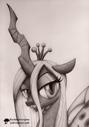 Size: 1061x1500 | Tagged: safe, artist:rockingscorpion, queen chrysalis, changeling, changeling queen, bust, female, monochrome, portrait, solo, traditional art