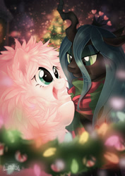 Size: 752x1063 | Tagged: safe, artist:mallemagic, queen chrysalis, oc, oc:fluffle puff, changeling, changeling queen, canon x oc, christmas, chrysipuff, clothes, female, hearth's warming eve, lesbian, scarf, shipping