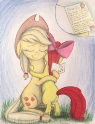 Size: 782x1021 | Tagged: safe, artist:thefriendlyelephant, derpibooru import, apple bloom, applejack, earth pony, pony, card, eyes closed, family, filly, grass, hug, mommajack, mother's day, sisters, tears of joy, traditional art