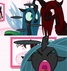 Size: 845x891 | Tagged: safe, edit, queen chrysalis, oc, oc:marksaline, changeling, changeling queen, comic, crying, fear, panic, screaming, sweat, tumblr:ask fluffle puff, whining