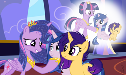 Size: 1280x765 | Tagged: safe, artist:bronybase, artist:flamango, artist:ilaria122, artist:j-j-bases, artist:velveagicsentryyt, twilight sparkle, twilight sparkle (alicorn), oc, oc:shooting star (ilaria122), oc:velvet star, alicorn, pony, unicorn, base used, crown, ethereal mane, female, filly, growing up, jewelry, mare, mother and child, mother and daughter, mother's day, next generation, offspring, parent and child, parent:flash sentry, parent:twilight sparkle, parents:flashlight, regalia, simple background, sisters, smiling, starry mane, ultimate twilight