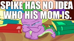 Size: 1280x720 | Tagged: safe, edit, edited screencap, screencap, spike, dragon, dragon quest, background pony strikes again, book, crying, golden oaks library, image macro, meme, mom, mother's day, sad, solo, spike's family