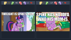 Size: 474x264 | Tagged: safe, edit, edited screencap, screencap, spike, twilight sparkle, unicorn twilight, dragon, unicorn, dragon quest, the crystal empire, crying, derpibooru, happy, headcanon, hug, image macro, juxtaposition, mama twilight, meme, meta, mom, mother's day, sad, spike's family