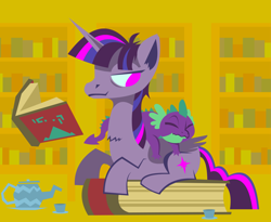 Size: 3523x2894 | Tagged: safe, artist:zekeyspaceylizard, spike, twilight sparkle, twilight sparkle (alicorn), alicorn, dragon, pony, book, bookshelf, duo, mama twilight, mother's day