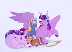 Size: 1024x740 | Tagged: safe, artist:vindhov, starlight glimmer, twilight sparkle, twilight sparkle (alicorn), oc, oc:love letter, oc:marigold twinkle, alicorn, hybrid, pony, unicorn, blue background, book, cloven hooves, colored hooves, cute, family, female, filly, half-siblings, interspecies offspring, lesbian, magic, mare, mother's day, ocbetes, offspring, older, parent:prince rutherford, parent:sunburst, parent:twilight sparkle, parents:twiburst, parents:twiford, shipping, simple background, snip (coat marking), socks (coat marking), step-mother, step-parent and step-child, twistarlight, yakony