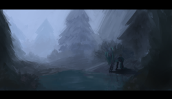 Size: 1051x607 | Tagged: dead source, safe, artist:berrydrops, queen chrysalis, changeling, changeling queen, fog, forest, looking down, scenery, solo, water