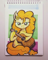 Size: 1080x1351 | Tagged: safe, artist:cosmotic1214, pear butter, pony, female, flower, flower in hair, guitar, marker drawing, mother, mother's day, solo, traditional art