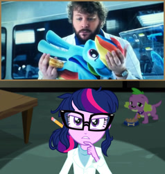 Size: 1280x1344 | Tagged: safe, rainbow dash, sci-twi, spike, spike the regular dog, twilight sparkle, dog, human, equestria girls, rainbow rocks, bayformers, glasses, meme, movie, pencil, scientist, toy, transformers, transformers age of extinction