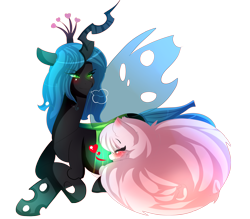 Size: 2857x2500 | Tagged: safe, artist:karsismf97, queen chrysalis, oc, oc:fluffle puff, changeling, changeling queen, canon x oc, chrysipuff, female, heart, kissing, lesbian, pregnant, shipping