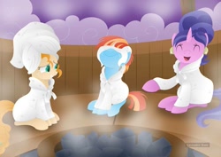 Size: 1063x752 | Tagged: safe, artist:lavenderrain24, cookie crumbles, pear butter, windy whistles, earth pony, pegasus, bench, clothes, cute, day spa, ear piercing, earring, female, hot coals, jewelry, laughing, mare's day, mother, mother's day, pearabetes, piercing, relaxing, robe, sitting, smiling, steam, steam room, towel, towel on head, trio, trio female