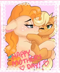 Size: 2312x2803 | Tagged: safe, artist:h0rsefeathers, derpibooru import, applejack, pear butter, earth pony, pony, cute, female, filly, filly applejack, heart, high res, kiss on the cheek, kissing, mare, mother and child, mother and daughter, mother's day, one eye closed, parent and child, text, younger