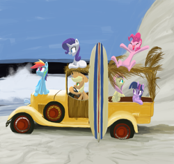 Size: 1071x1008 | Tagged: safe, artist:aliasforrent, derpibooru import, applejack, fluttershy, pinkie pie, rainbow dash, rarity, twilight sparkle, earth pony, pegasus, pony, unicorn, beach, mane six, sand, surfboard