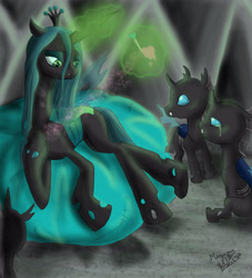 Size: 2894x3189 | Tagged: safe, artist:megumi-arakaki, derpibooru import, queen chrysalis, changeling, changeling queen, nymph, changeling feeding, crying, cute, cutealis, cuteling, female, heart, magic, mommy chrissy, mother and child, mother's day, parent and child, smiling, spoon