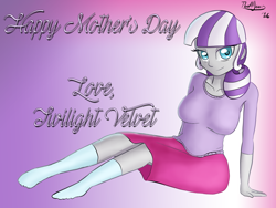 Size: 4000x3000 | Tagged: safe, artist:thealjavis, twilight velvet, equestria girls, absurd resolution, breasts, clothes, equestria girls-ified, female, headlight velvet, looking at you, mother's day, signature, sitting, skirt, socks, solo