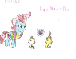 Size: 2208x1696 | Tagged: safe, artist:worldofcaitlyn, cup cake, pound cake, pumpkin cake, pony, cake twins, card, mother's day, siblings, traditional art, twins