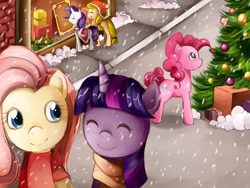 Size: 800x600 | Tagged: safe, artist:chimi-chu, derpibooru import, applejack, fluttershy, pinkie pie, rarity, twilight sparkle, earth pony, pegasus, pony, unicorn, christmas, christmas tree, clothes, scarf, snow, snowfall, tree, winter