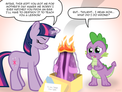 Size: 1440x1080 | Tagged: safe, artist:jepso, spike, twilight sparkle, dragon, abuse, clothes, crying, feels, fire, mama twilight, mother's day, out of character, parody, present, robe, speech bubble, spikeabuse, superdickery, superman, twibitch sparkle