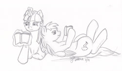 Size: 2368x1397 | Tagged: safe, artist:littlewolfstudios, rainbow dash, twilight sparkle, pegasus, pony, book, cuddling, cute, female, lesbian, monochrome, read, shipping, snuggling, traditional art, twidash