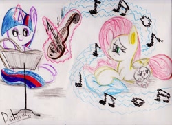 Size: 1280x932 | Tagged: safe, derpibooru import, fluttershy, twilight sparkle, pegasus, pony, female, lesbian, shipping, traditional art, twishy, violin