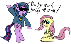 Size: 724x452 | Tagged: safe, derpibooru import, fluttershy, twilight sparkle, unicorn twilight, pegasus, pony, semi-anthro, unicorn, :3, bipedal, blushing, clothes, female, glare, hoodie, lesbian, lidded eyes, mare, open mouth, shipping, simple background, sitting, smiling, sunglasses, text, transparent background, twishy