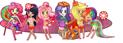 Size: 1093x379 | Tagged: safe, artist:blaans, derpibooru import, applejack, fluttershy, pinkie pie, rainbow dash, rarity, twilight sparkle, chibi, clothes, humanized, katy perry, mane six, palindrome get, skirt