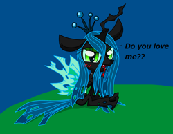 Size: 2072x1604 | Tagged: safe, artist:lovehtf421, queen chrysalis, changeling, changeling queen, blushing, fangs, forked tongue, impossibly large ears, looking at you, question, sitting, smirk, solo, talking to viewer, tongue out