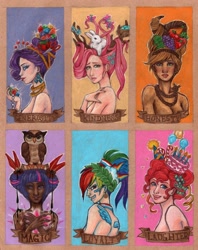 Size: 2327x2934 | Tagged: safe, artist:kiero, derpibooru import, angel bunny, applejack, fluttershy, owlowiscious, pinkie pie, rainbow dash, rarity, twilight sparkle, alternate hairstyle, elements of harmony, fashion, humanized, mane six