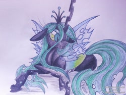 Size: 1024x768 | Tagged: dead source, safe, artist:penkatshi, queen chrysalis, changeling, changeling queen, female, sketch, solo, traditional art, watercolor painting