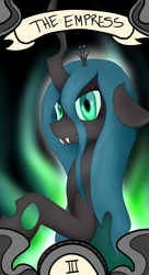 Size: 1200x2200 | Tagged: safe, artist:chromadraws, queen chrysalis, changeling, changeling queen, female, horn, tarot card, the empress