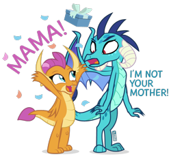 Size: 900x840 | Tagged: safe, artist:dm29, princess ember, smolder, dragon, confetti, dialogue, dragoness, duo, female, happy, implied adoption, implied mother and daughter, looking at each other, mother's day, open mouth, present, simple background, smiling, transparent background