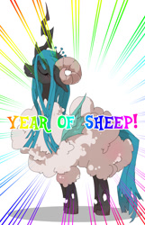 Size: 800x1244 | Tagged: safe, artist:kolshica, queen chrysalis, changeling, changeling queen, sheep, clothes, costume, eyes closed, solo, year of the sheep