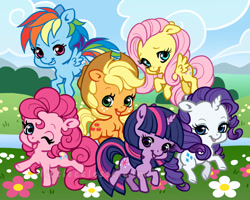 Size: 720x576 | Tagged: safe, artist:celesse, derpibooru import, applejack, fluttershy, pinkie pie, rainbow dash, rarity, twilight sparkle, earth pony, pegasus, pony, unicorn, chibi, mane six