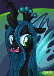 Size: 955x1351 | Tagged: safe, artist:mysticalpha, queen chrysalis, changeling, changeling queen, bust, female, looking at you, open mouth, solo, tongue out